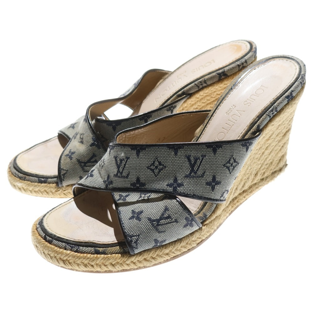 LOUIS VUITTON(ルイヴィトン) モノグラム キャンバス レザー エスパドリーユ ウェッジソール ヒール サンダル シューズ ネイビー レディース