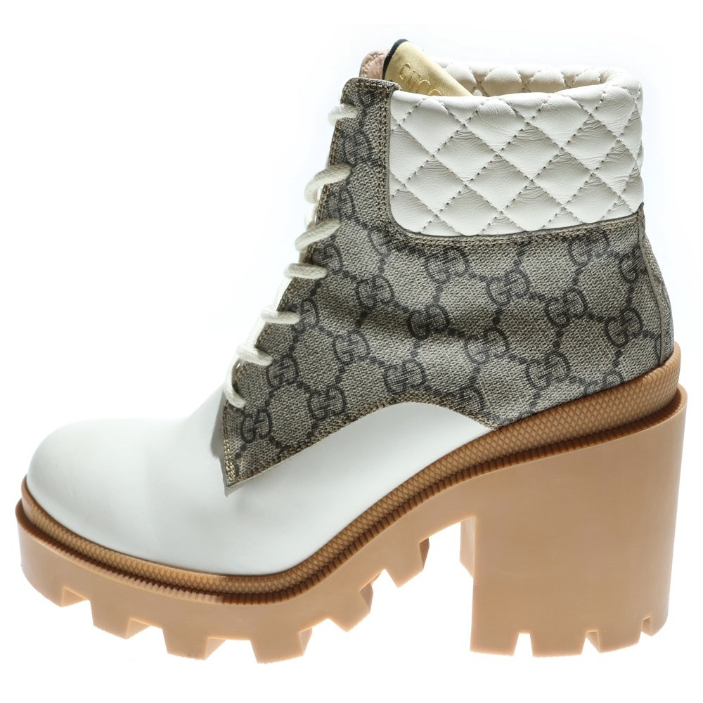 GUCCI(グッチ) GGスプリーム キルティング ヒール レザー レースアップ アンクルブーツ ハイカットシューズ ベージュ レディース 659691