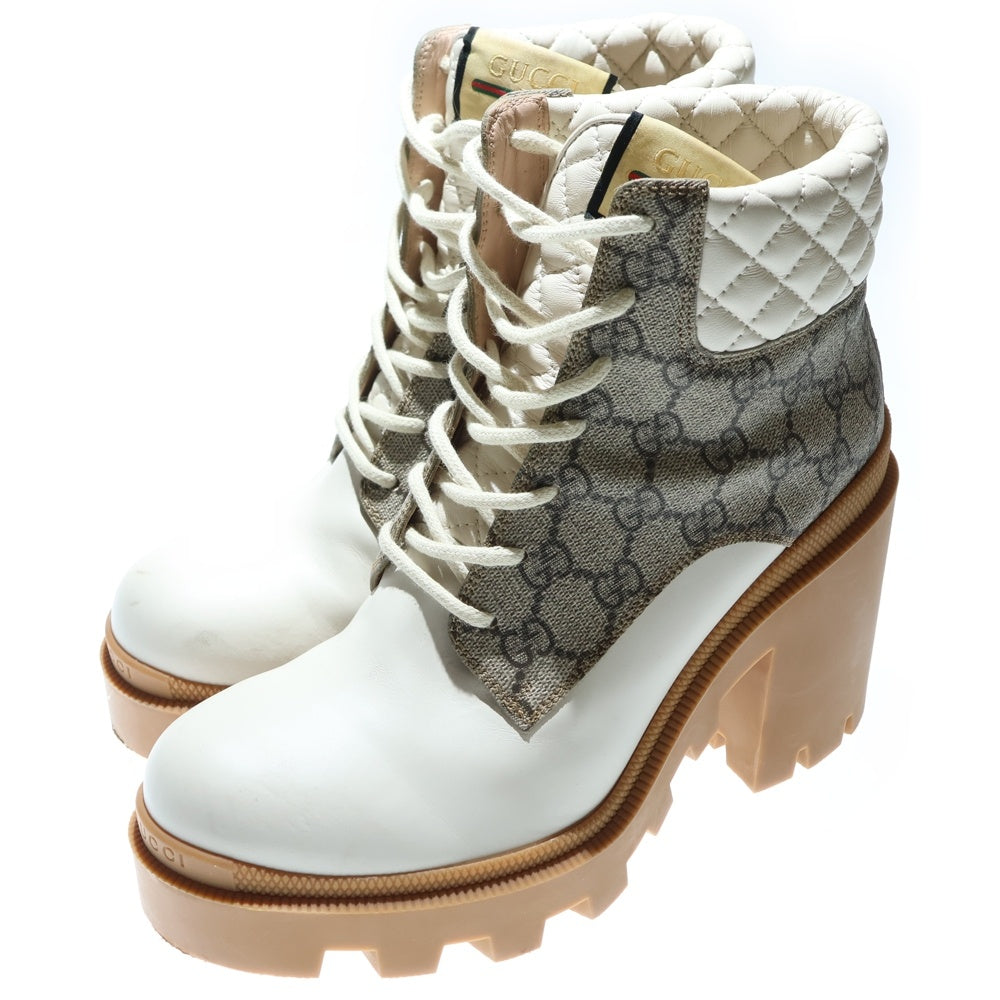 GUCCI(グッチ) GGスプリーム キルティング ヒール レザー レースアップ アンクルブーツ ハイカットシューズ ベージュ レディース 659691