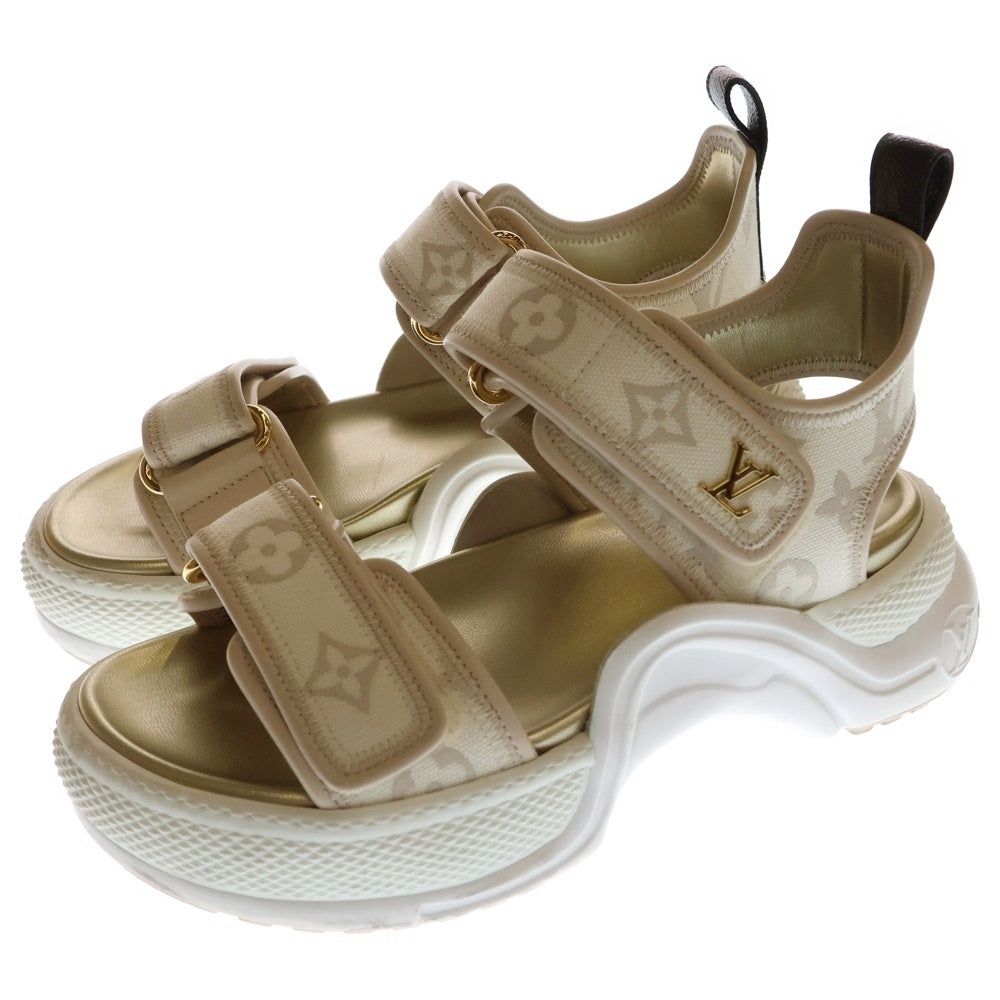 LOUIS VUITTON(ルイヴィトン) アークライト ライン モノグラム LVロゴプレート キャンバス レザー ベルクロ サンダル シューズ ベージュ レディース