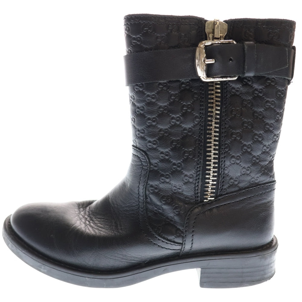 GUCCI(グッチ) マイクログッチシマ レザー サイドジップ ベルト ショートブーツ シューズ ブラック レディース 271242