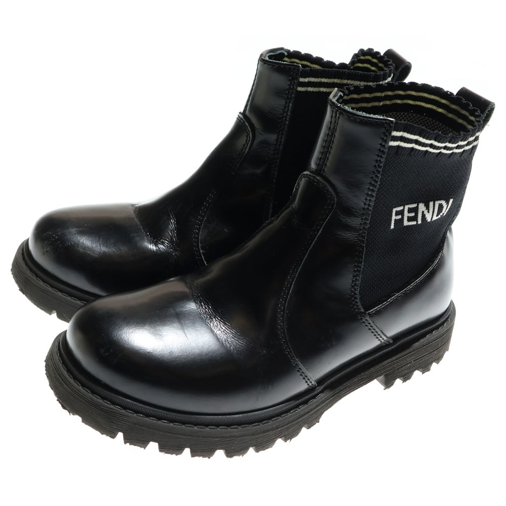 FENDI(フェンディ) ロゴジャガード ニット サイドゴア レザー ショートブーツ ブラック キッズ