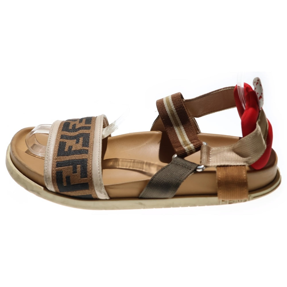 FENDI(フェンディ) ズッカ柄 キャンバス レザー ストラップ フラットサンダル シューズ ブラウン レディース