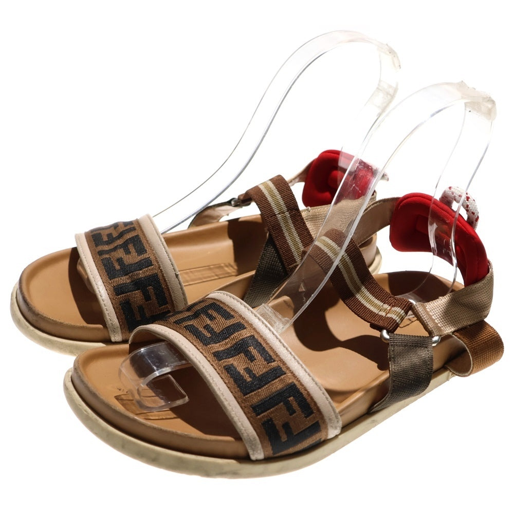 FENDI(フェンディ) ズッカ柄 キャンバス レザー ストラップ フラットサンダル シューズ ブラウン レディース