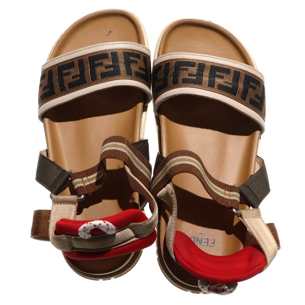FENDI(フェンディ) ズッカ柄 キャンバス レザー ストラップ フラットサンダル シューズ ブラウン レディース