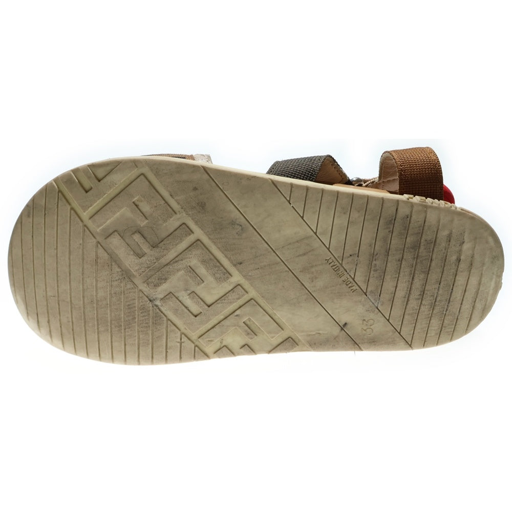 FENDI(フェンディ) ズッカ柄 キャンバス レザー ストラップ フラットサンダル シューズ ブラウン レディース