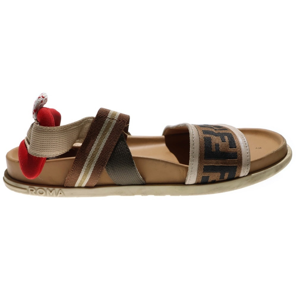 FENDI(フェンディ) ズッカ柄 キャンバス レザー ストラップ フラットサンダル シューズ ブラウン レディース