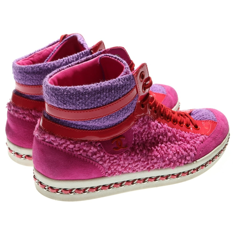 CHANEL(シャネル) ココマーク ロゴプレート ツイード パテントレザー チェーン ニット レースアップ ハイカットシューズ スニーカー ピンク G35600