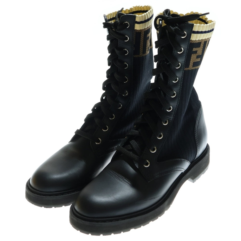 FENDI(フェンディ) ロココ ズッカ柄 ニット レザー レースアップ ロングブーツ シューズ ブラック/ブラウン レディース