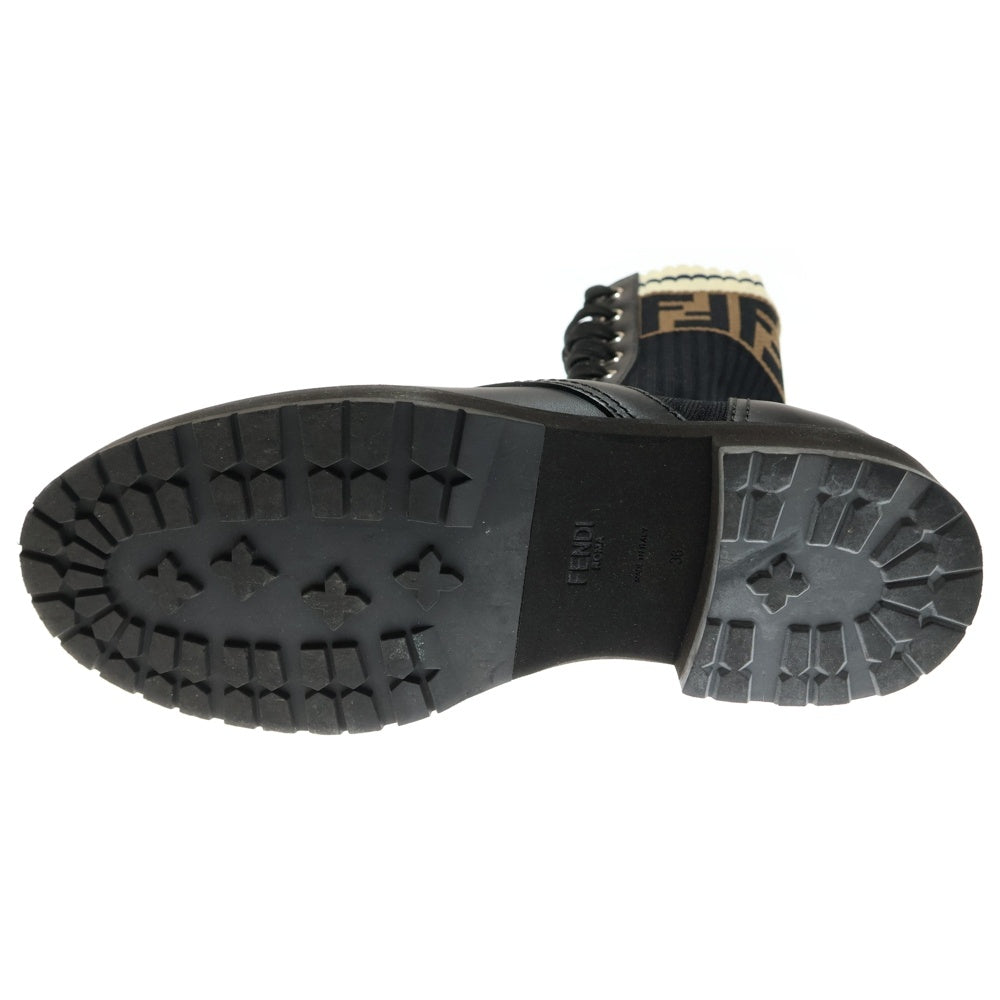 FENDI(フェンディ) ロココ ズッカ柄 ニット レザー レースアップ ロングブーツ シューズ ブラック/ブラウン レディース