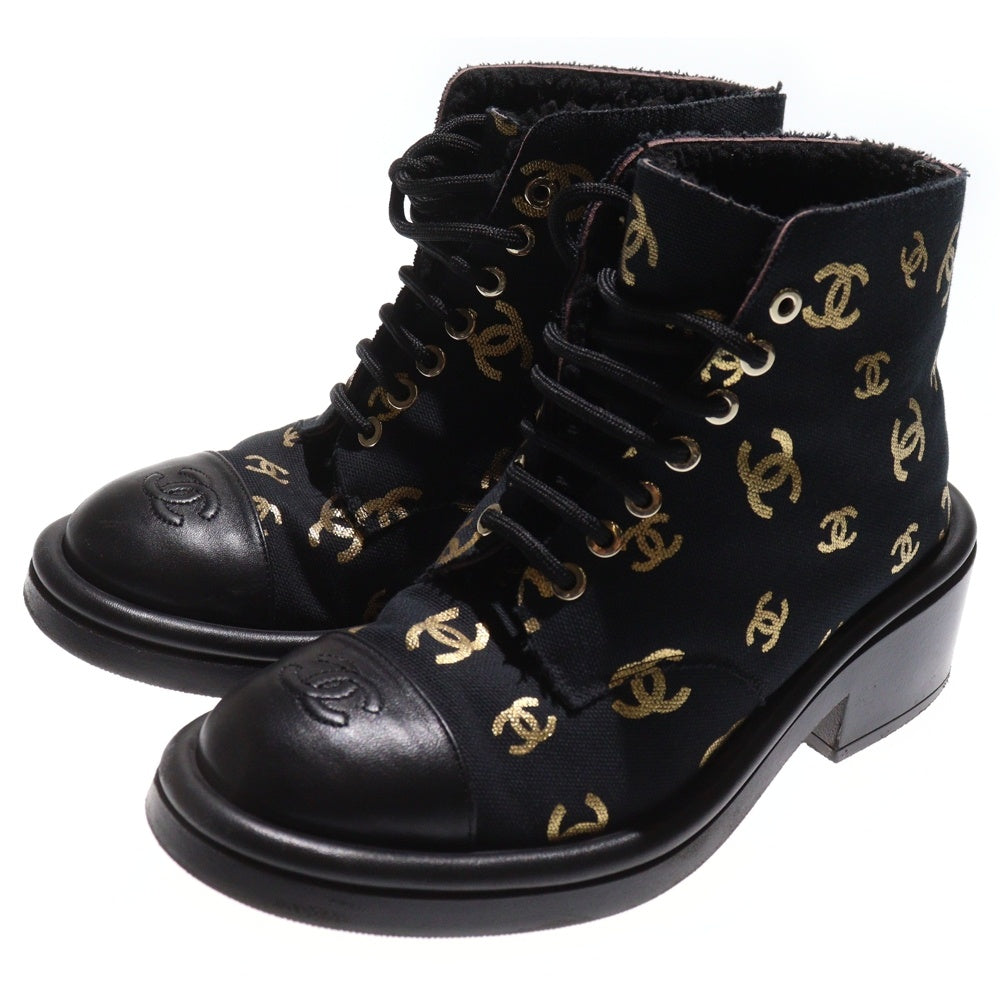 CHANEL(シャネル) ココマーク ロゴプリント レザー キャンバス ボアライニング レースアップ ハイカットシューズ ブーツ ブラック/ゴールド レディース G39093
