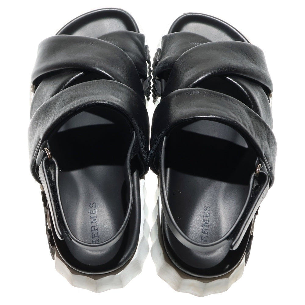 HERMES(エルメス) エレクトリック Hロゴ レザー ストラップ フラットサンダル ブラック レディース