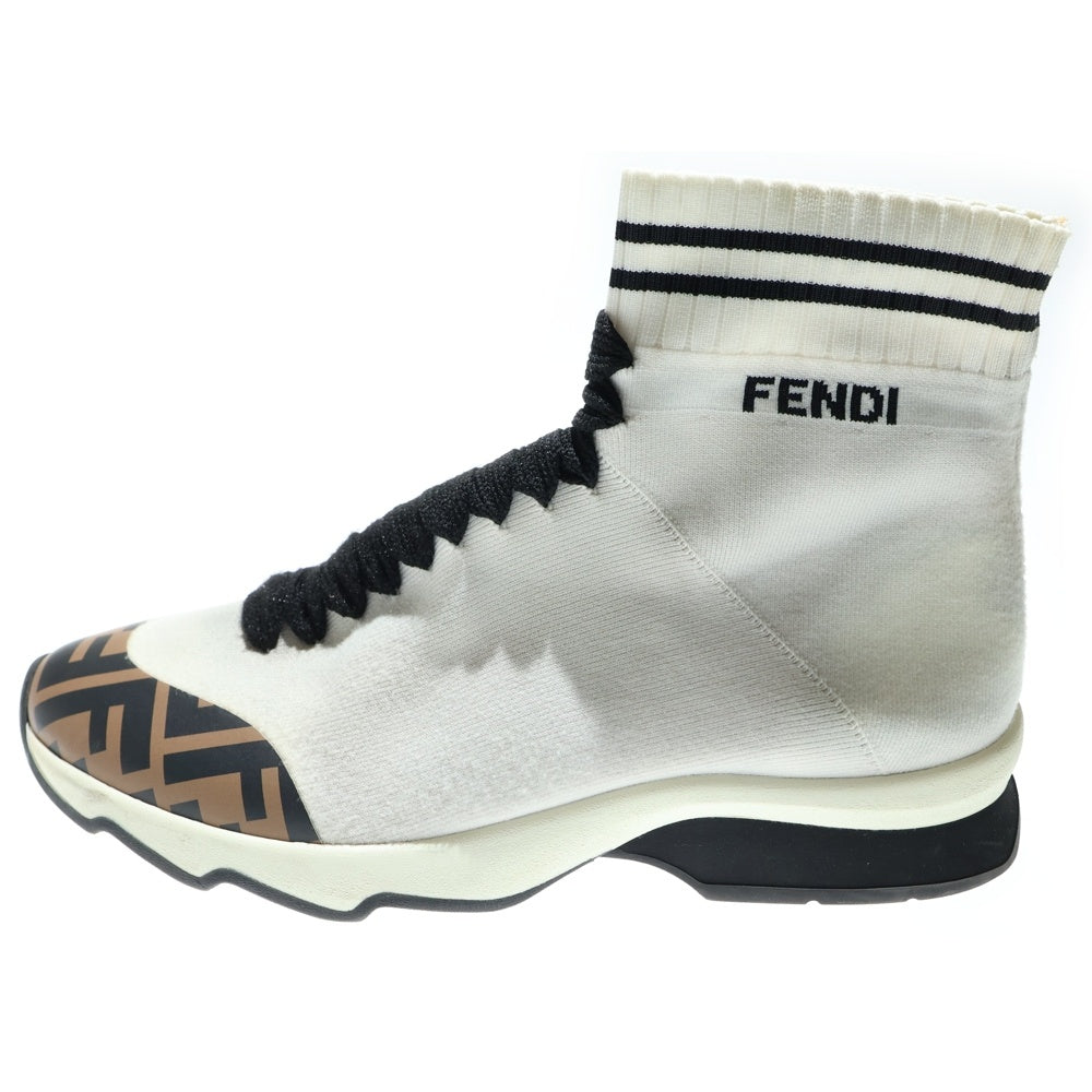 FENDI(フェンディ) ズッカ柄プリント レースアップ ニット ハイカットシューズ ソックススニーカー ホワイト/ブラウン レディース