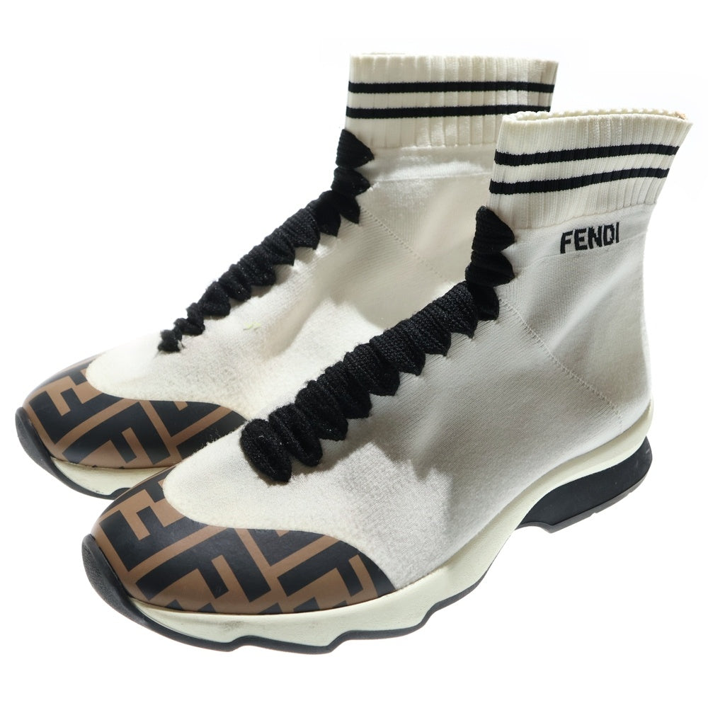 FENDI(フェンディ) ズッカ柄プリント レースアップ ニット ハイカットシューズ ソックススニーカー ホワイト/ブラウン レディース
