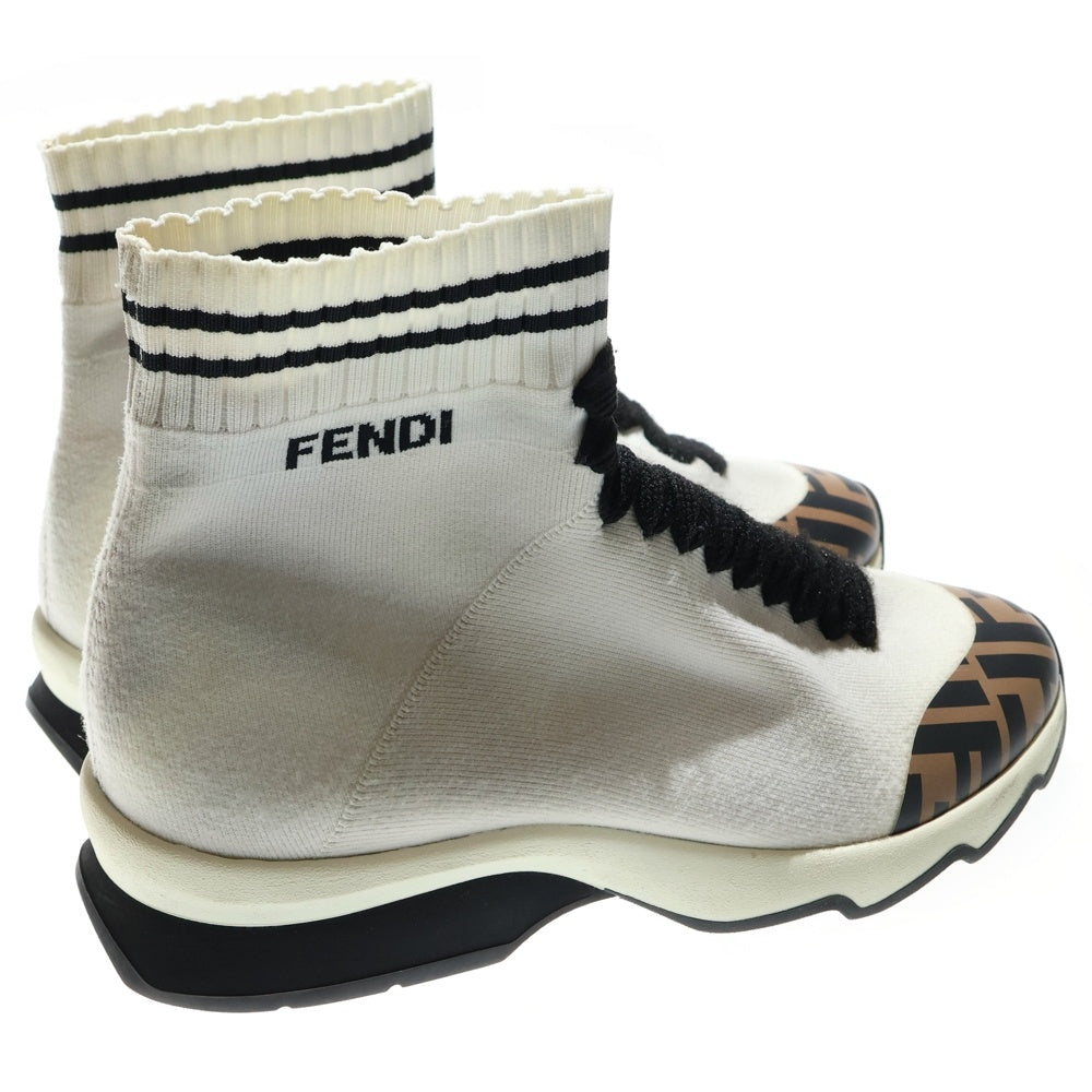 FENDI(フェンディ) ズッカ柄プリント レースアップ ニット ハイカットシューズ ソックススニーカー ホワイト/ブラウン レディース