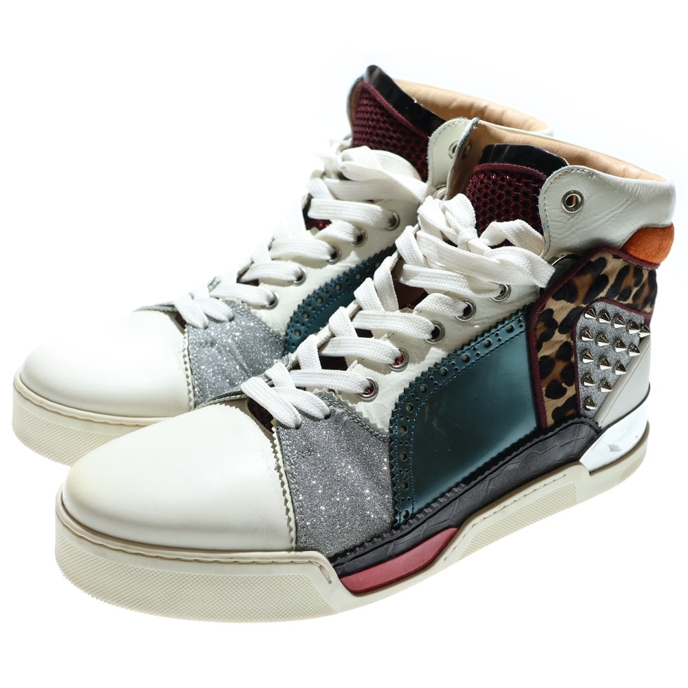 CHRISTIAN LOUBOUTIN(クリスチャンルブタン) 17AW ルビキック スパイクスタッズ パテント ハラコ スエード コンビレザー ラメグリッター レースアップ ハイカットスニーカー