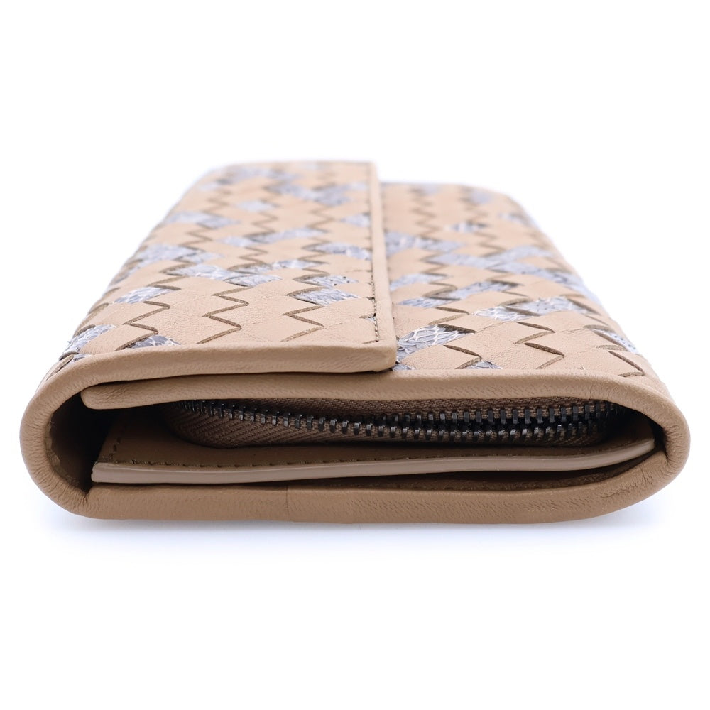 BOTTEGA VENETA(ボッテガヴェネタ) イントレチャート二つ折り長財布 ロングウォレット カードケース ベージュ レザー×パイソン