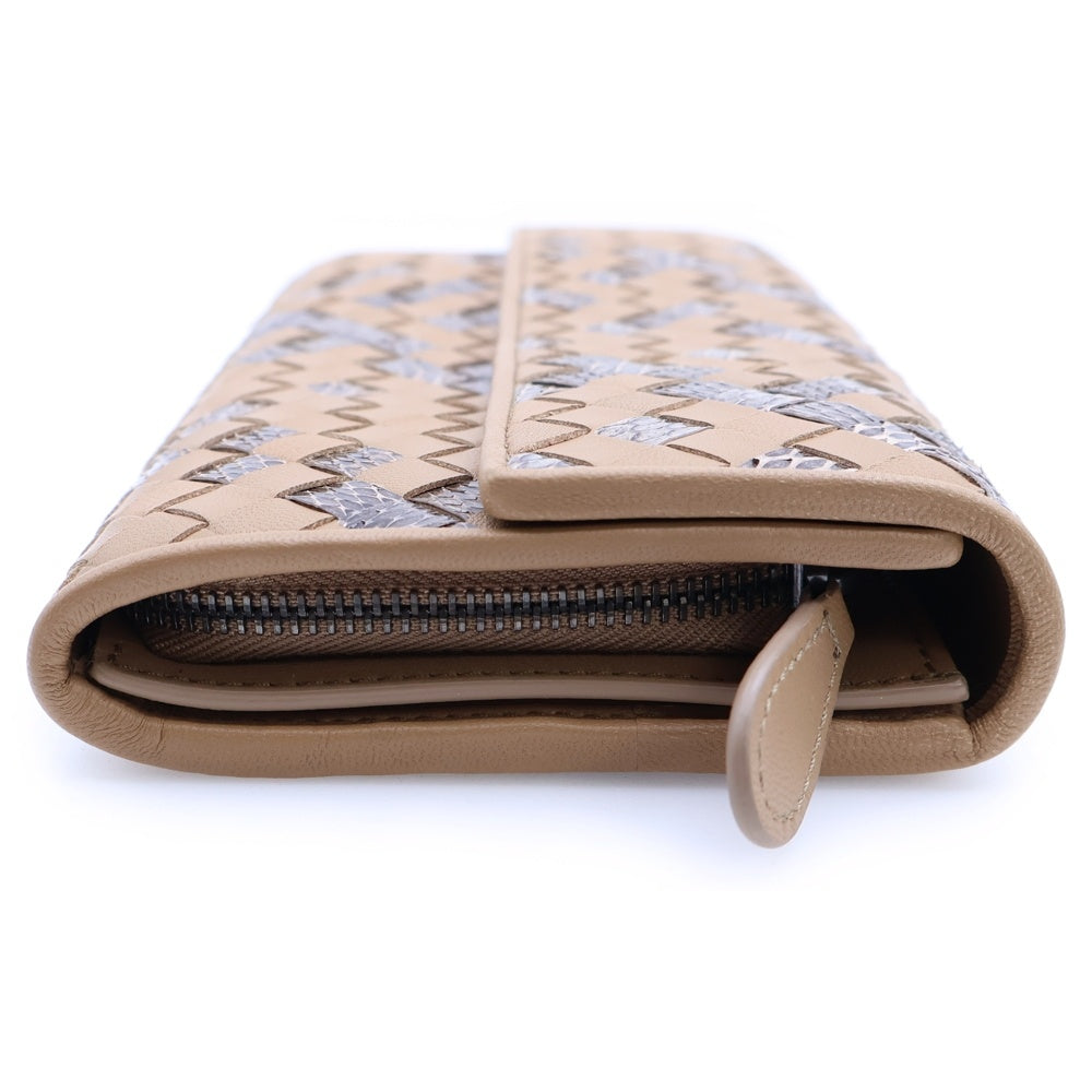 BOTTEGA VENETA(ボッテガヴェネタ) イントレチャート二つ折り長財布 ロングウォレット カードケース ベージュ レザー×パイソン