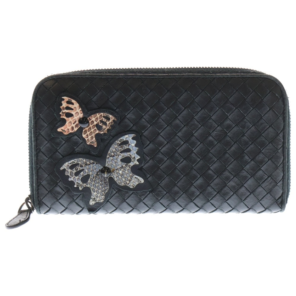 BOTTEGA VENETA(ボッテガヴェネタ) イントレチャート バタフライモチーフ ラウンドファスナー長財布 ロングウォレット ブラック レザー