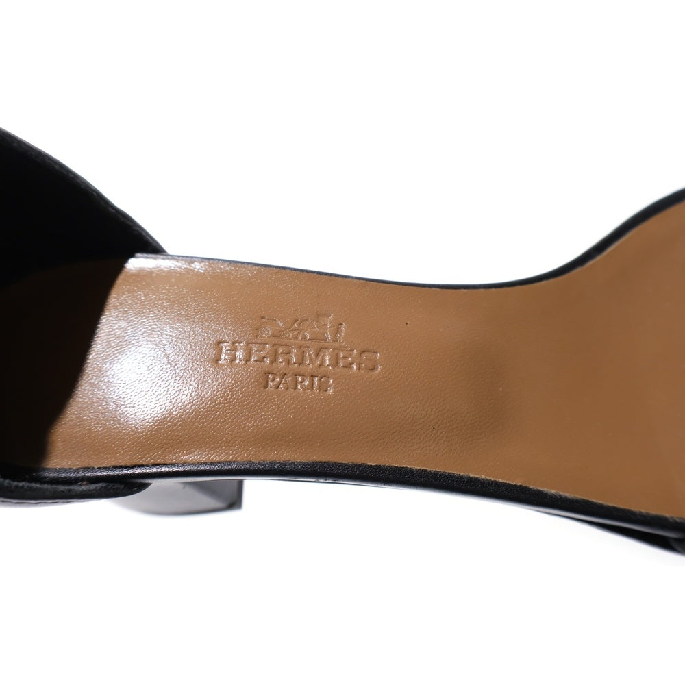 HERMES(エルメス) マネージュ ケリーバックル レザー ヒール ストラップ サンダル シューズ シルバー金具 ブラック レディース