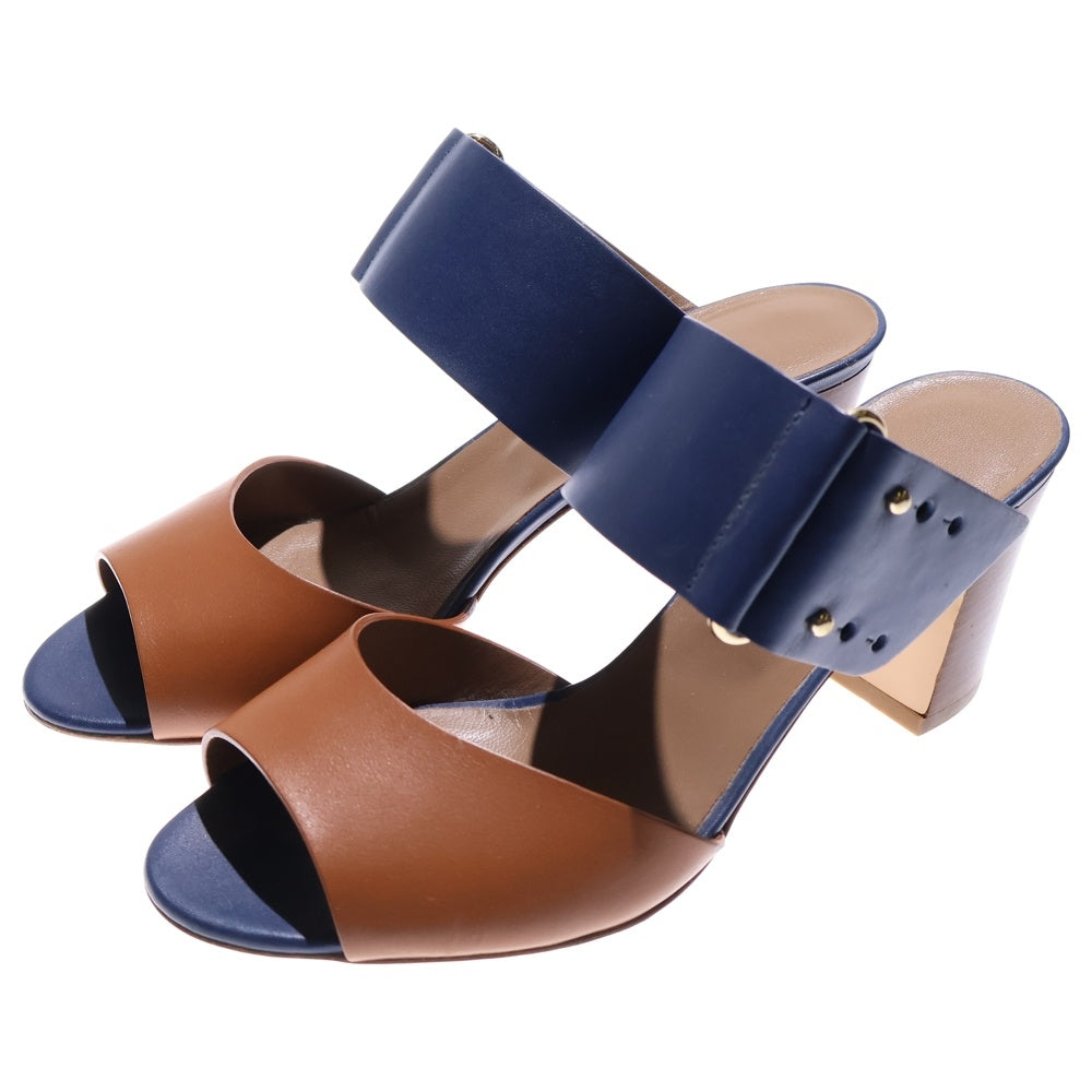 HERMES(エルメス) レザー ベルト バイカラー ヒール サンダル シューズ ネイビー/ブラウン レディース