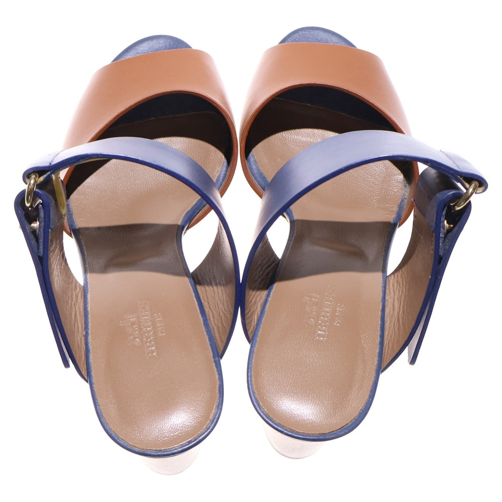 HERMES(エルメス) レザー ベルト バイカラー ヒール サンダル シューズ ネイビー/ブラウン レディース