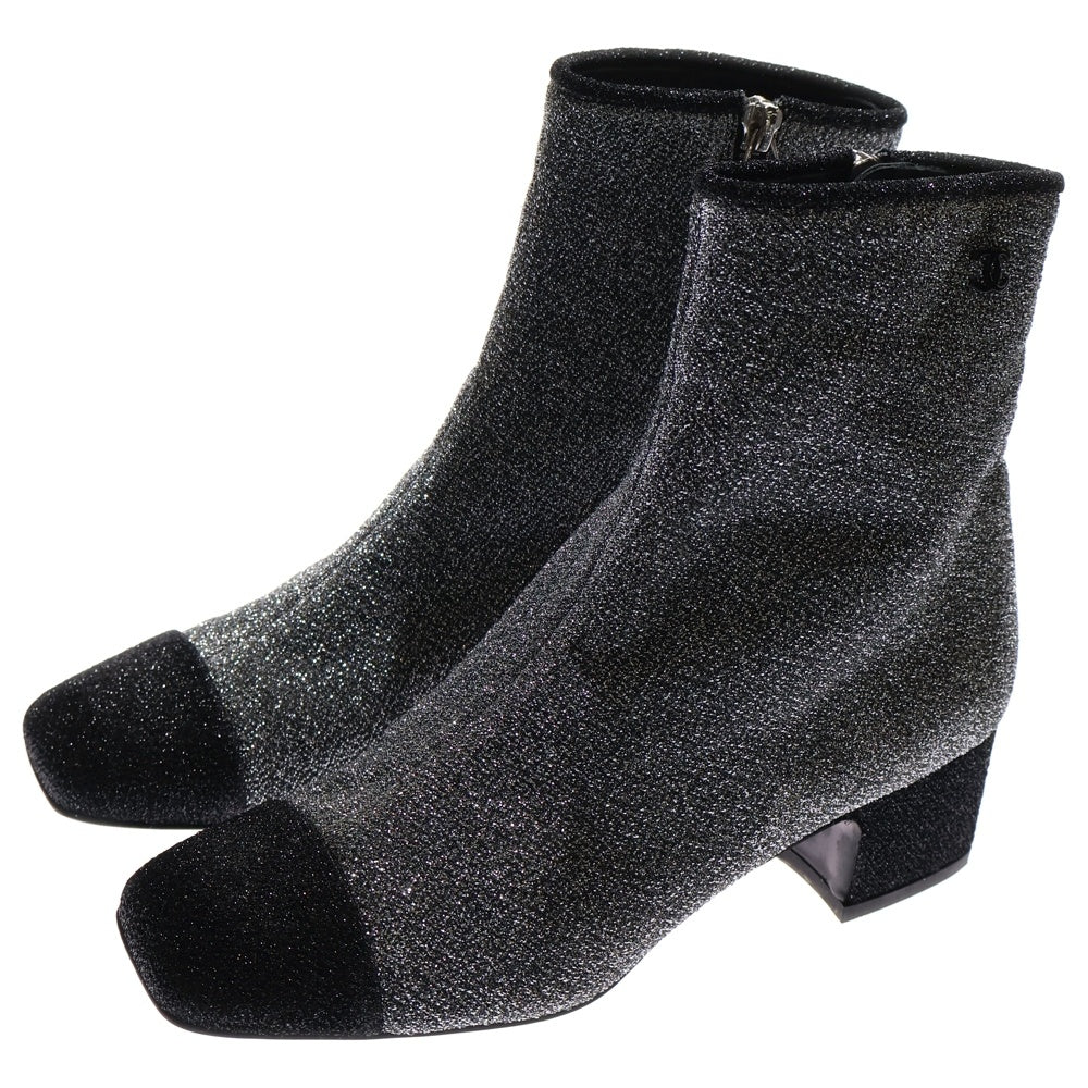 CHANEL(シャネル) ココマーク ロゴプレート ラメ グリッター レザー ヒール サイドジップ ショートブーツ シューズ シルバー/ブラック レディース G33221