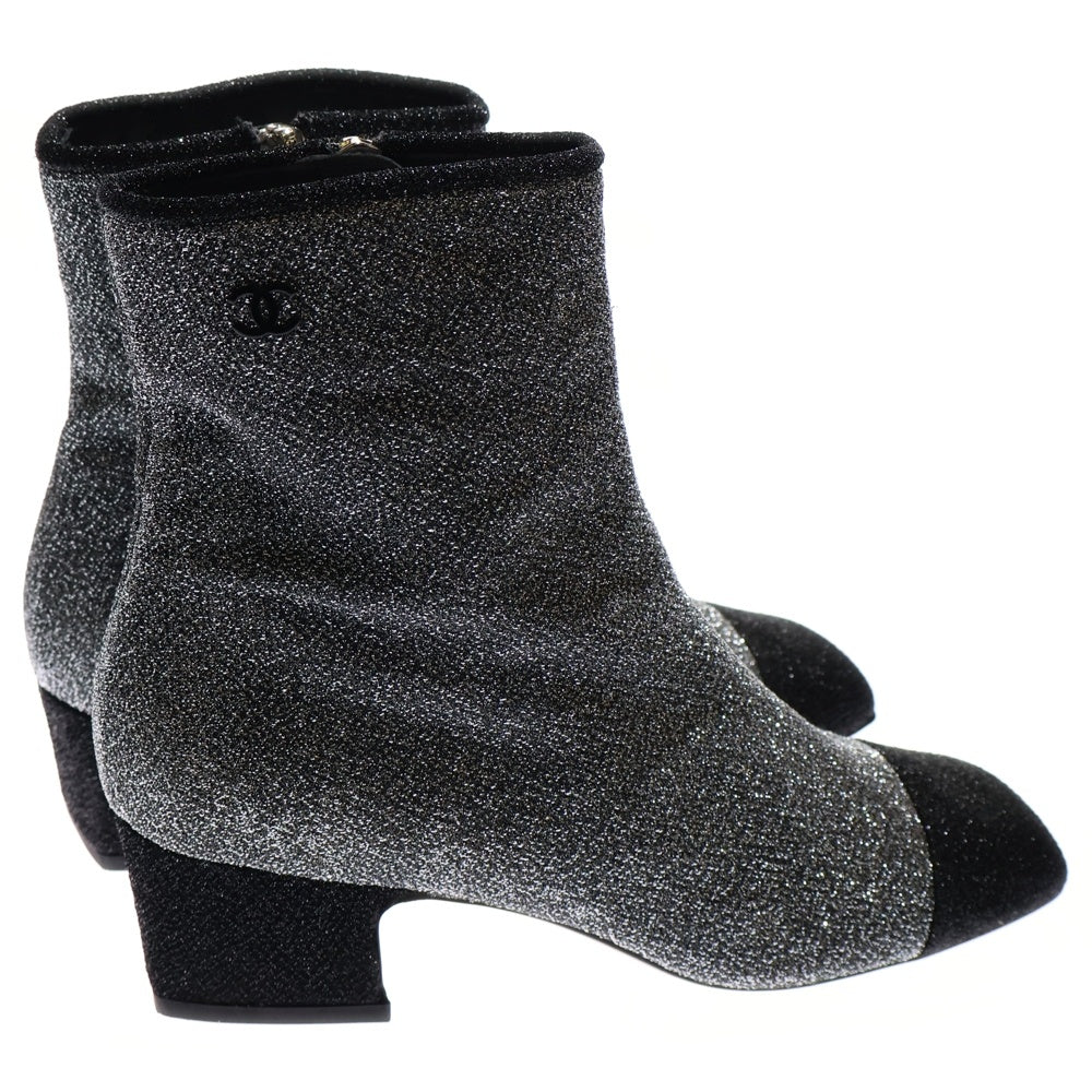 CHANEL(シャネル) ココマーク ロゴプレート ラメ グリッター レザー ヒール サイドジップ ショートブーツ シューズ シルバー/ブラック レディース G33221