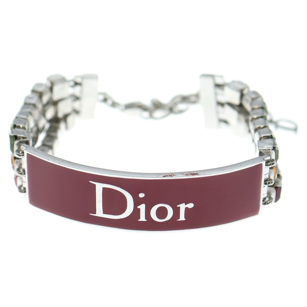 DIOR(ディオール) ロゴプレート ラインストーン ブレスレット レッド×グリーン×オレンジ マルチカラー シルバー金具 レディース