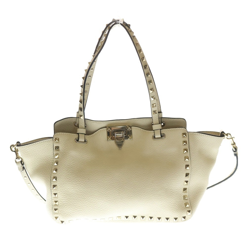 VALENTINO(ヴァレンティノ) ロックスタッズ 2WAYショルダーバッグ ハンドバッグ ミニトートバッグ アイボリー クリーム レザー ゴールド金具 レディース