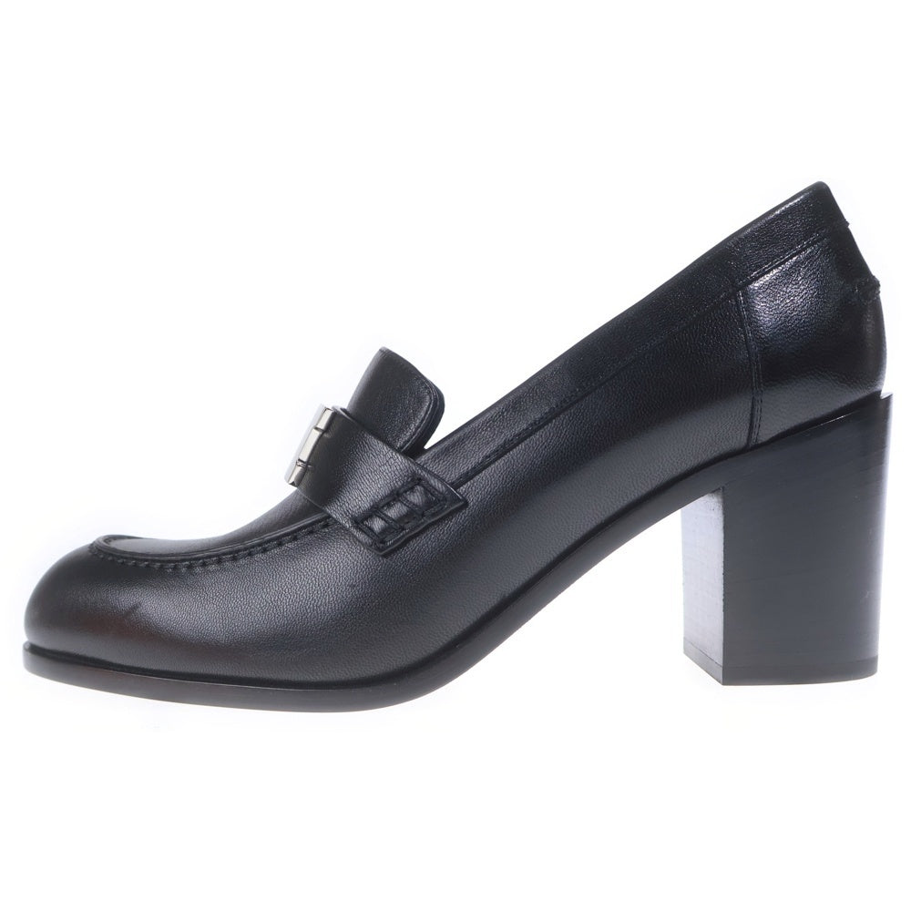 HERMES(エルメス) モカシン Hロゴプレート レザー ヒール ローファー シューズ シルバー金具 ブラック レディース