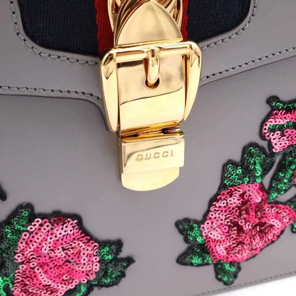 GUCCI(グッチ) シルヴィ ローズ スパンコール 刺繍 シェリーライン レザー 2WAY ハンドバッグ ショルダーバッグ 431665 グレー レディース
