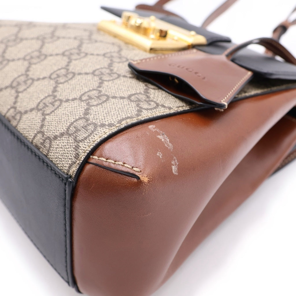 GUCCI(グッチ) GGスプリーム バックパック リュックサック ブラウン×ベージュ×ブラック PVC×レザー 498194 ゴールド金具 レディース