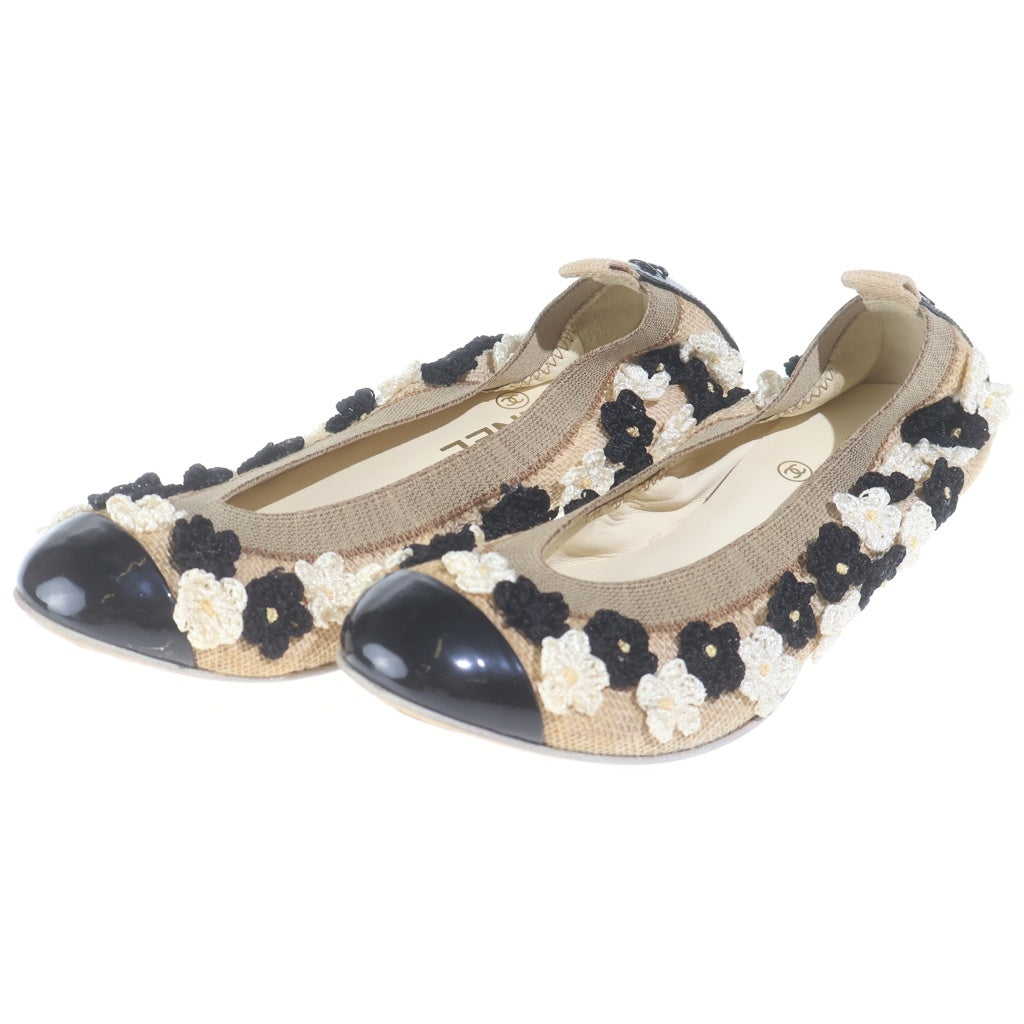 CHANEL(シャネル) カメリア ココマーク バレエ キャンバス パテントレザー フラット シューズ ブラック/ベージュ レディース G27604