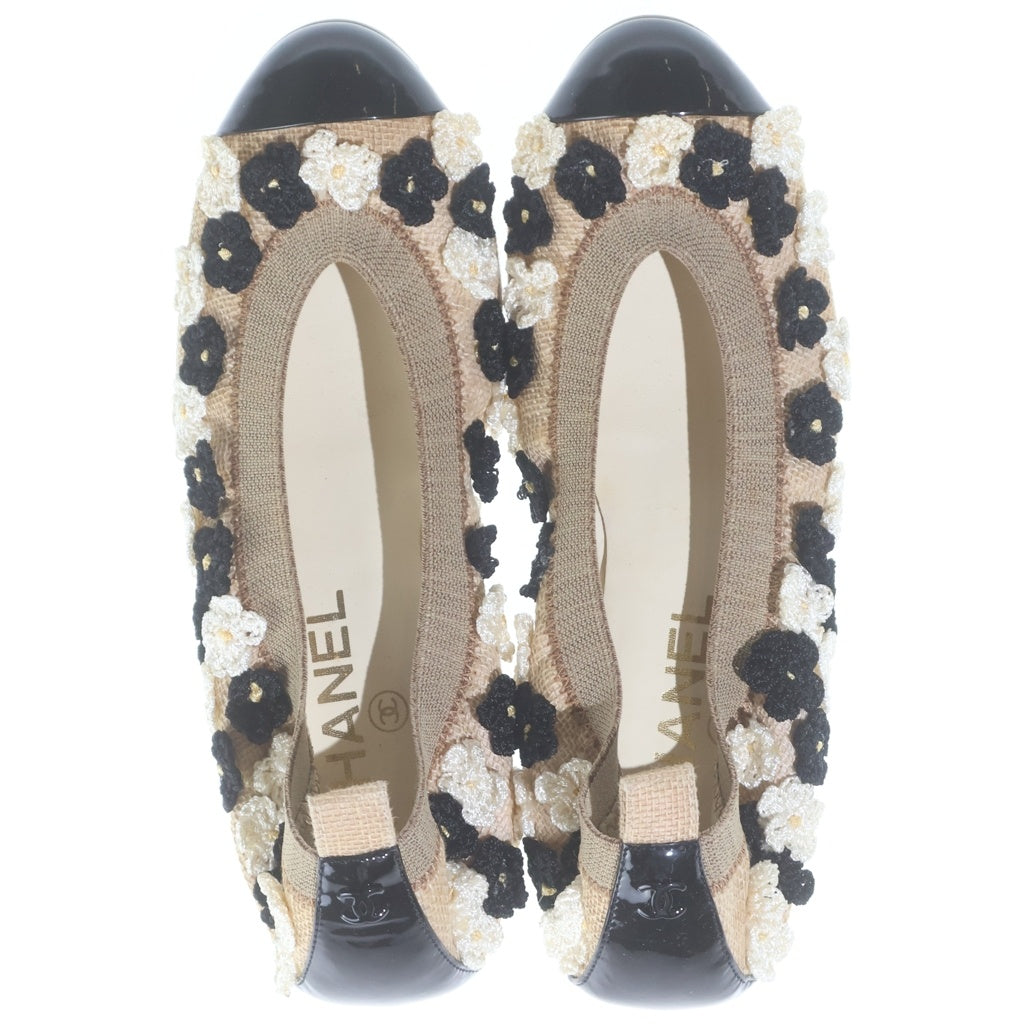 CHANEL(シャネル) カメリア ココマーク バレエ キャンバス パテントレザー フラット シューズ ブラック/ベージュ レディース G27604