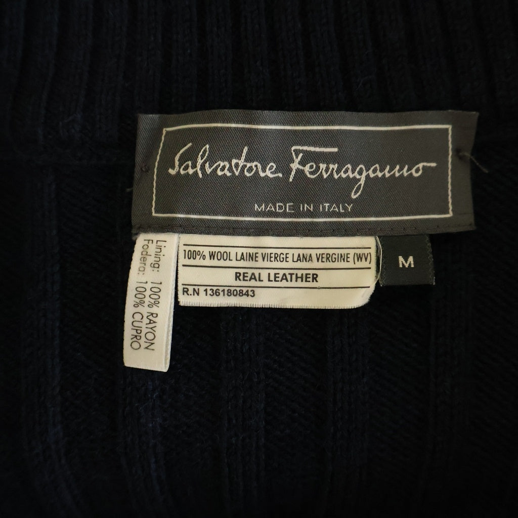 Salvatore Ferragamo(サルヴァトーレ フェラガモ) レザー×ニット 切替 ブルゾン ブラック×ネイビー #M レディース