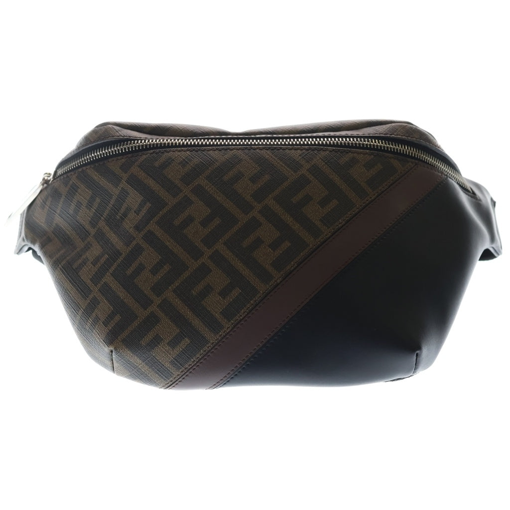 FENDI(フェンディ) ダイアゴナル ベルトバッグ ズッカ柄 PVC レザー ショルダー ボディバッグ シルバー金具 ブラウン 7VA343 レディース
