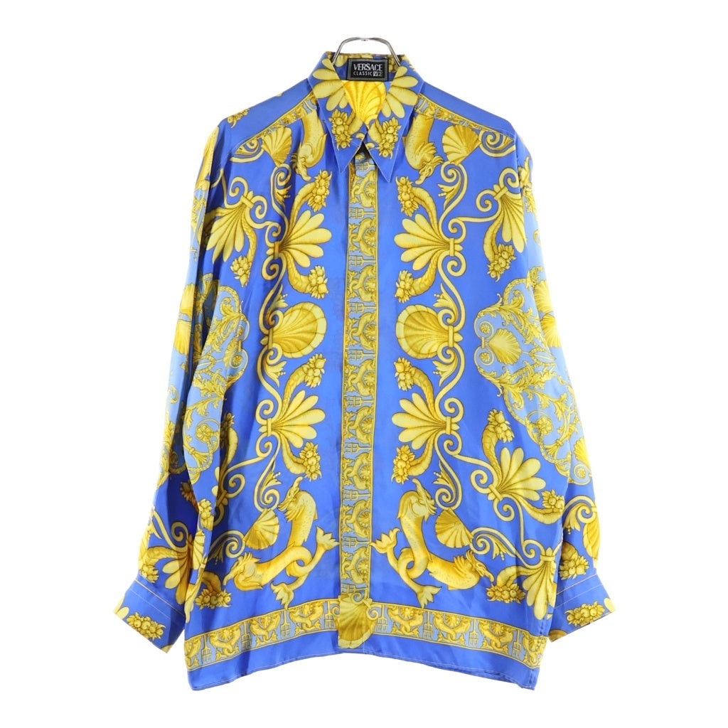 VERSACE(ヴェルサーチ) バロック総柄プリント シルク 長袖シャツ ブルー/イエロー