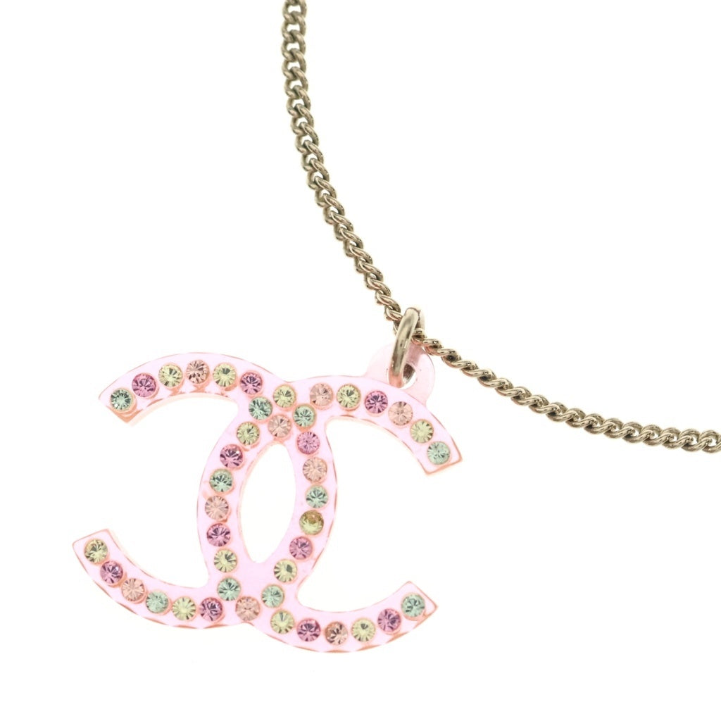 CHANEL(シャネル) ココマーク ラインストーンネックレス ペンダント チェーン ピンク×ゴールド GP レディース