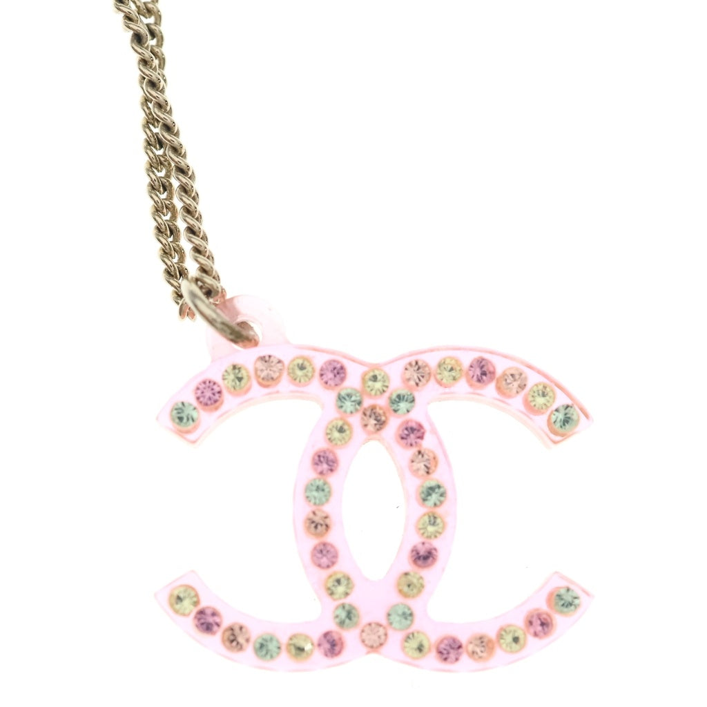 CHANEL(シャネル) ココマーク ラインストーンネックレス ペンダント チェーン ピンク×ゴールド GP レディース