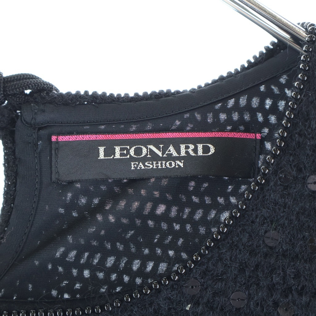 LEONARD(レオナール) 異素材切り替え ノースリーブワンピース ドレス スパンコール ブラック 0387457 レディース