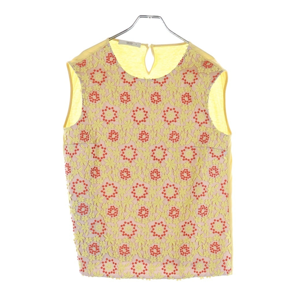 PRADA(プラダ) 花柄刺繍 ノースリーブトップス タンクトップ フロントシルク混 素材切り替え イエロー 35872 R161 1KHG レディース
