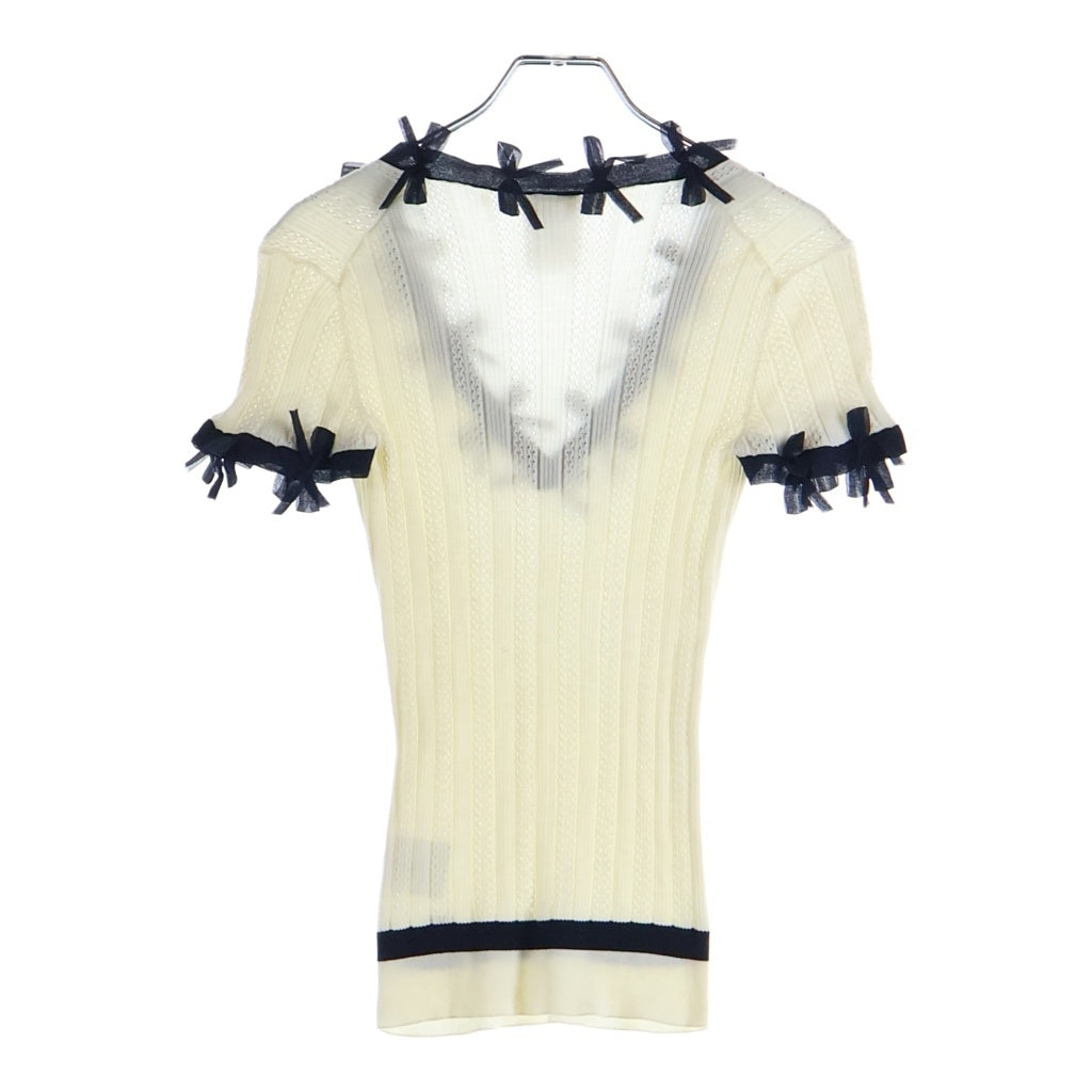CHANEL(シャネル) 06P リボンモチーフ 半袖 ニット トップス Vネック コットン ホワイト/ネイビー P28034 レディース