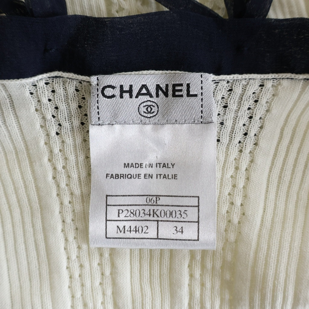 CHANEL(シャネル) 06P リボンモチーフ 半袖 ニット トップス Vネック コットン ホワイト/ネイビー P28034 レディース