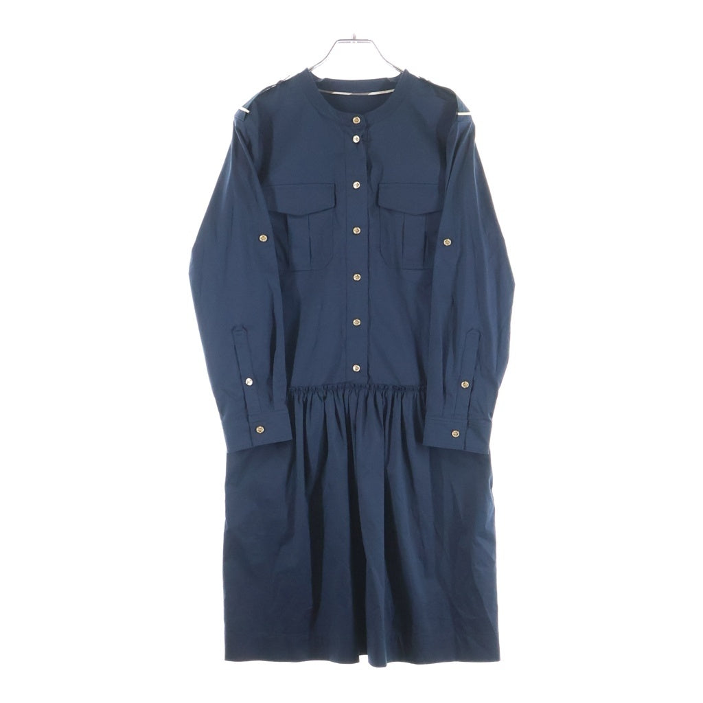 BURBERRY(バーバリー) フロント2ポケット ノーカラーシャツワンピース ドレス コットン ネイビー 4017781 レディース