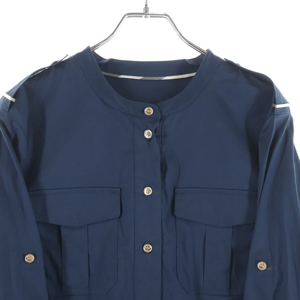 BURBERRY(バーバリー) フロント2ポケット ノーカラーシャツワンピース ドレス コットン ネイビー 4017781 レディース
