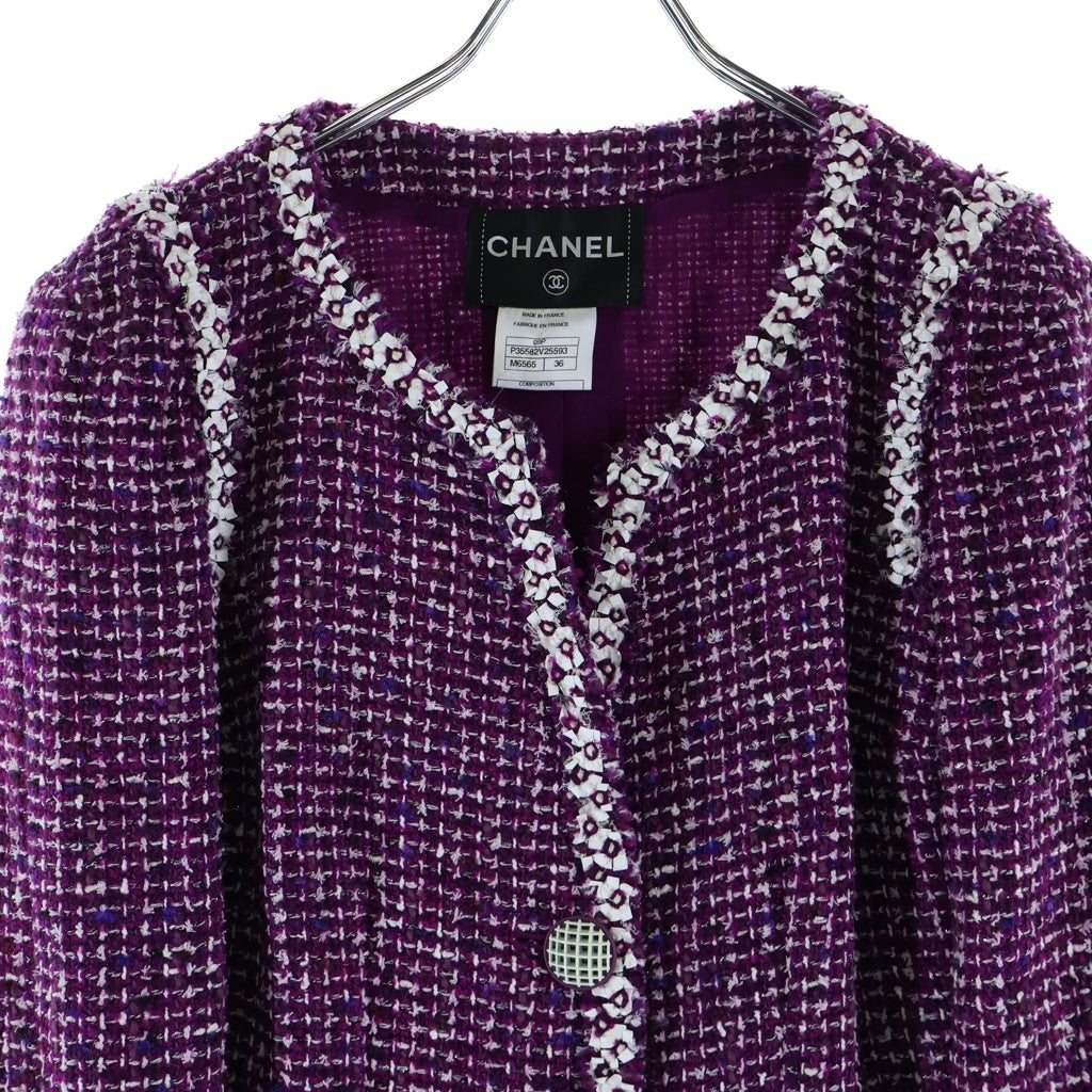 CHANEL(シャネル) ノーカラー ジャケット アウター スカート セットアップ 09P ツイード パープル レディース
