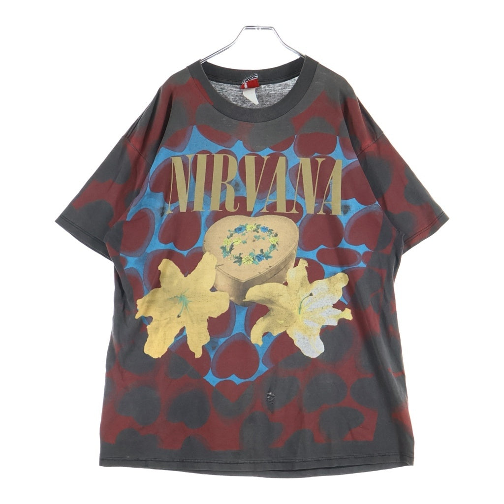 VINTAGE(ヴィンテージ) 90S NIRVANA HEART SHAPED BOX SOF TEE 総柄デザイン ハートシェイプド クルーネック 半袖Tシャツ カットソー レッド/チャコールグレー