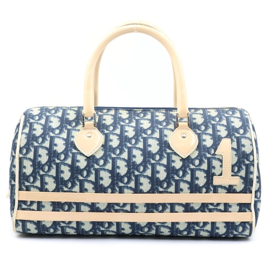 Christian Dior(クリスチャンディオール) トロッター ミニボストンバッグ ネイビー/アイボリー PVC×エナメル レディース