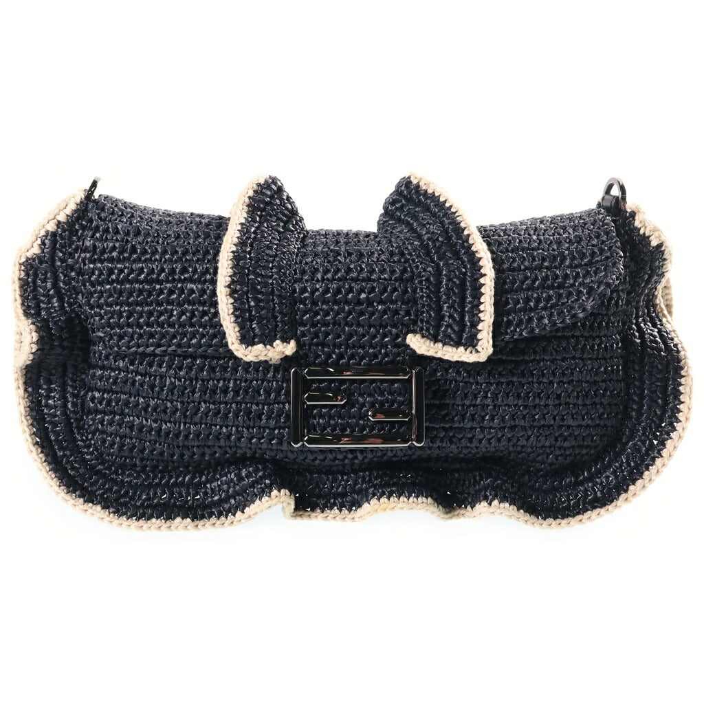 FENDI(フェンディ) バゲット フリル ショルダーバッグ ウェーブ ラフィア ネイビー 8BR600